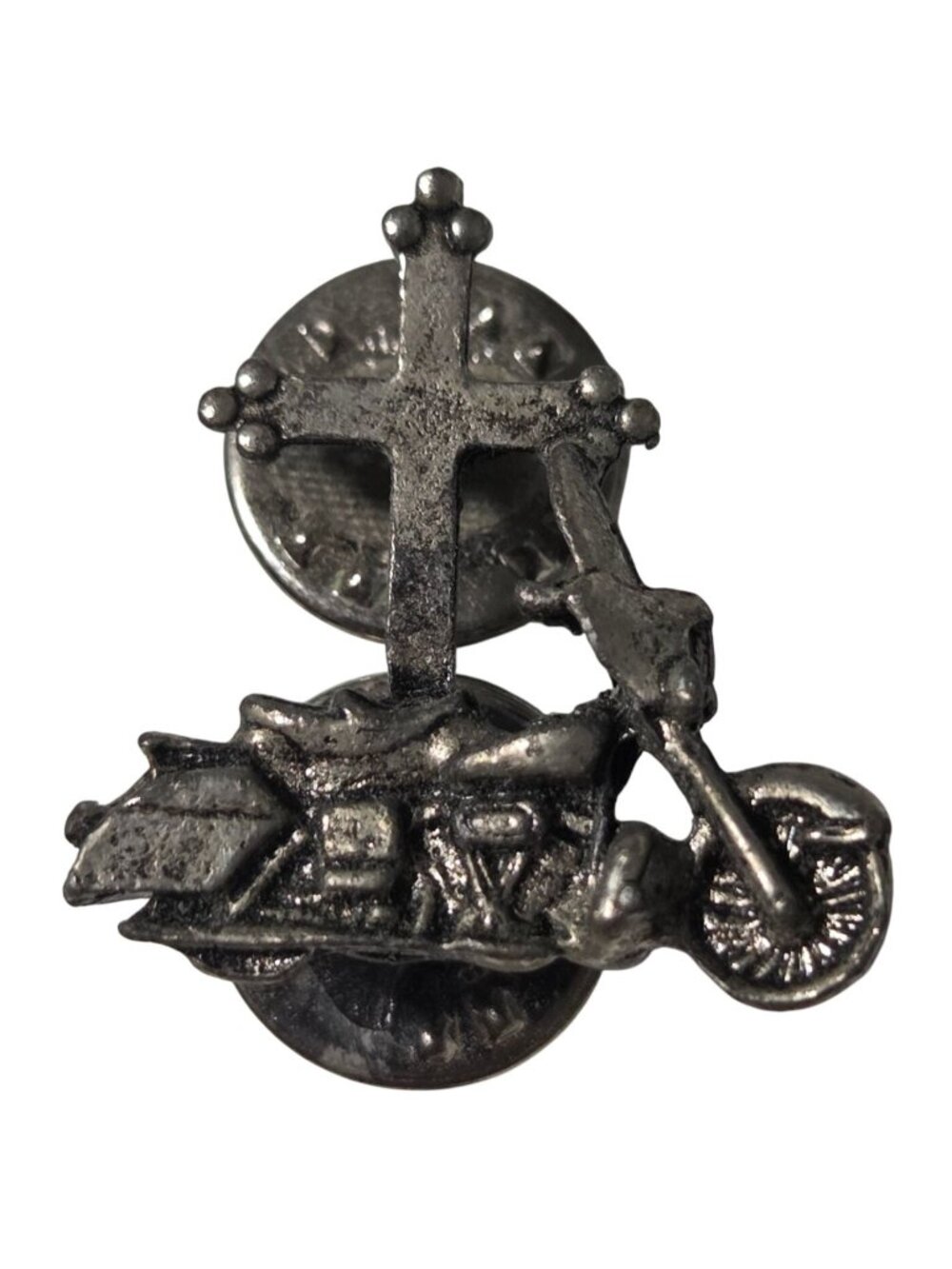 Vintage Motorcycle Cross Lapel Pin Dual Clutch Backings Silver Pewter Tone